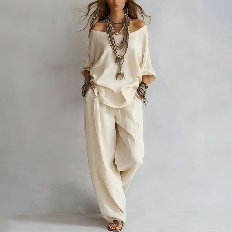 Linen Blend 3/4 Sleeve Top &amp; Wide Leg Pants Set