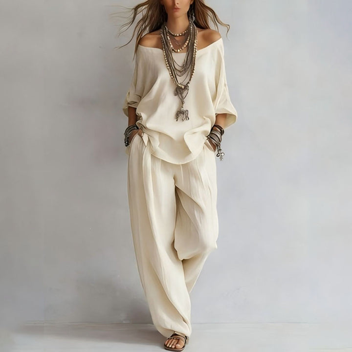Linen Blend 3/4 Sleeve Top &amp; Wide Leg Pants Set
