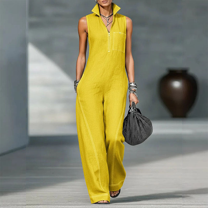 Stand Collar Sleeveless Linen Blend Jumpsuit