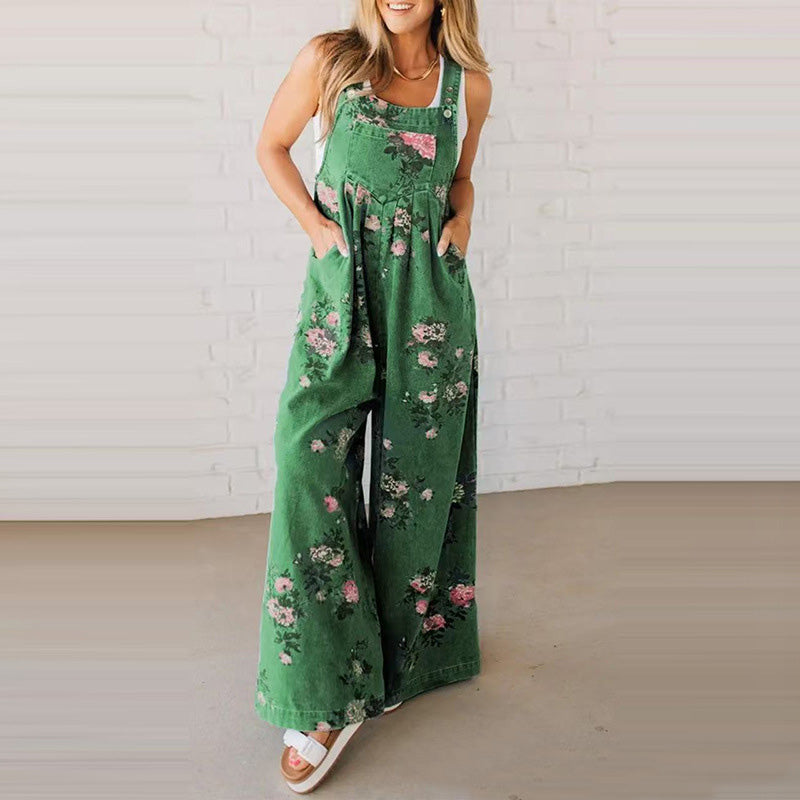 Boho Floral Wide Leg Overall Jumpsuit