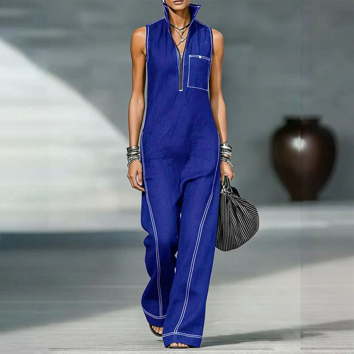 Stand Collar Sleeveless Linen Blend Jumpsuit