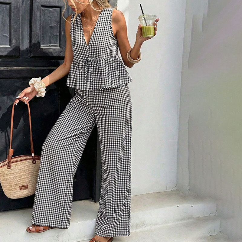 Striped V-Neck Top &amp; High-Waist Wide Leg Pants Set