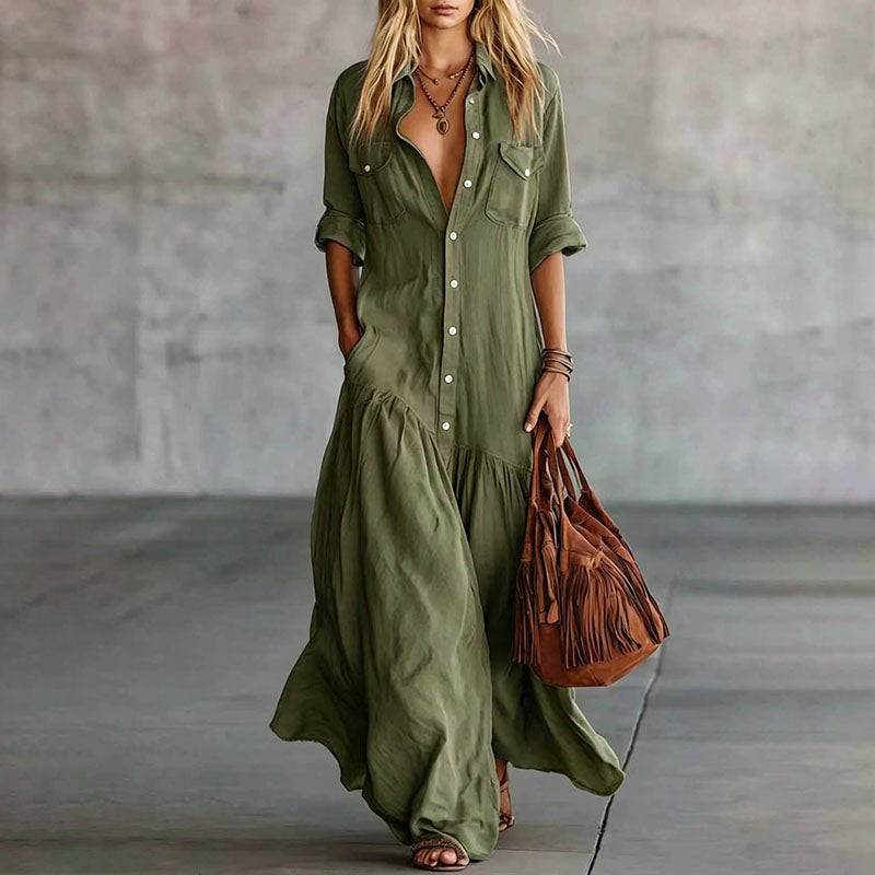 Casual Button-Down Maxi Shirt Dress with Pockets