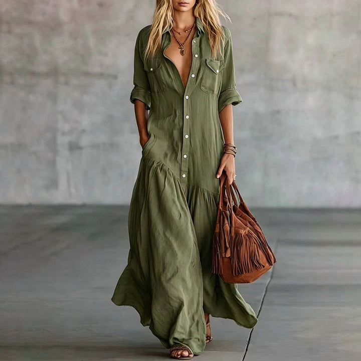Casual Button-Down Maxi Shirt Dress with Pockets