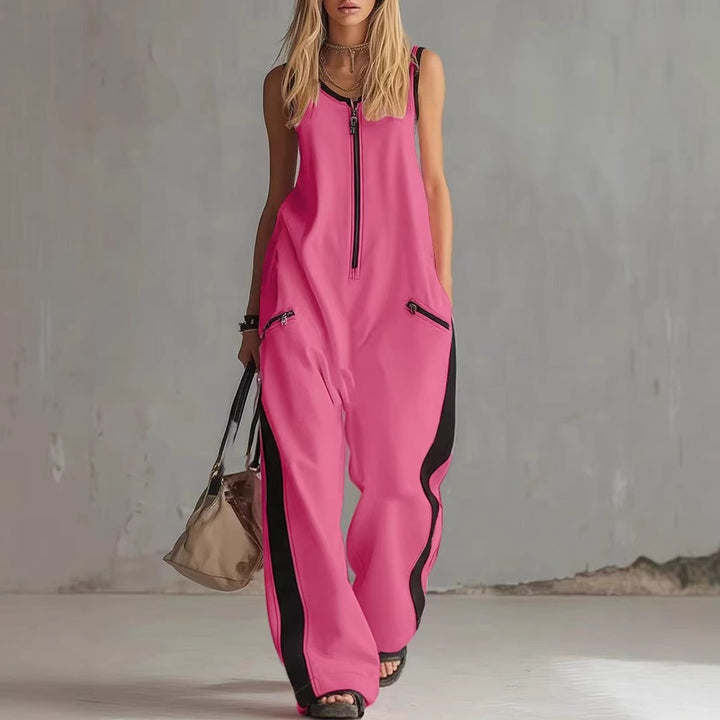 Modern Contrast Zip-Front Wide Leg Jumpsuit