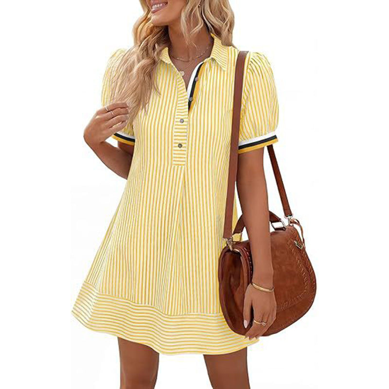 Elegant Striped Puff Sleeve A-Line Mini Dress
