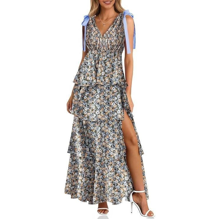 Elegant Tie-Shoulder Floral Tiered Maxi Dress