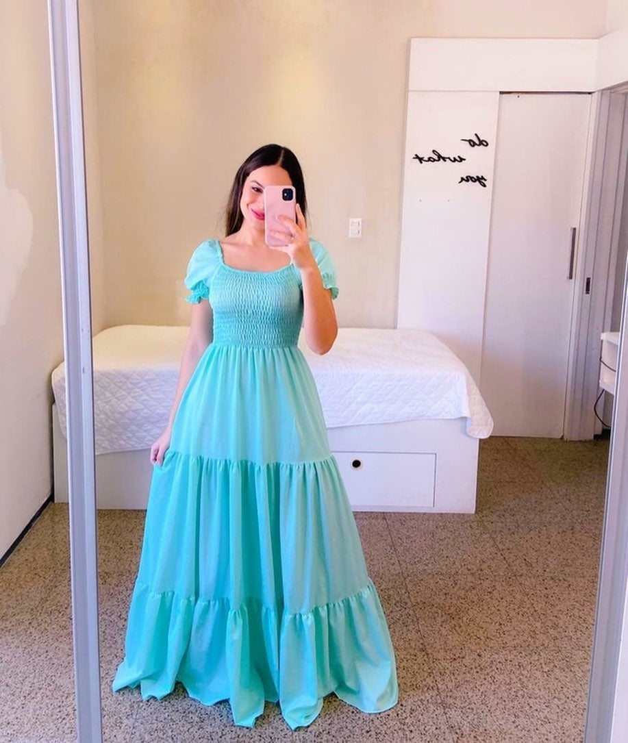 Square Neck Puff Sleeve Maxi Dress