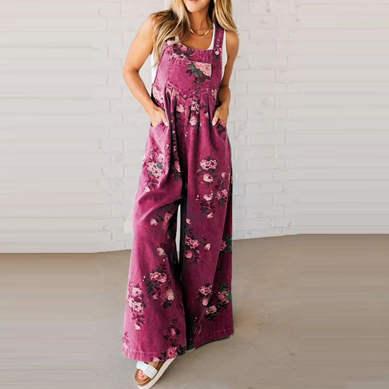 Boho Floral Wide Leg Overall Jumpsuit