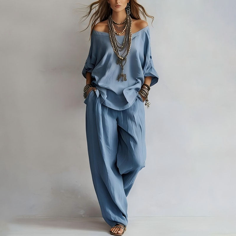 Linen Blend 3/4 Sleeve Top &amp; Wide Leg Pants Set