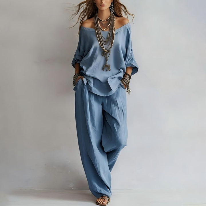 Linen Blend 3/4 Sleeve Top &amp; Wide Leg Pants Set