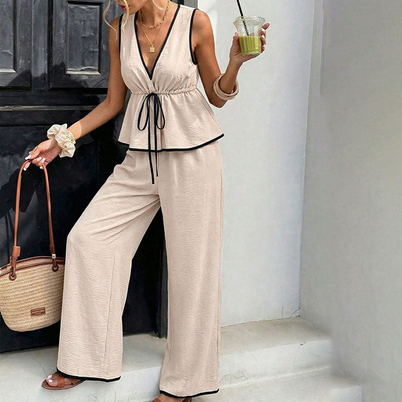 Striped V-Neck Top &amp; High-Waist Wide Leg Pants Set