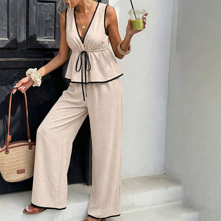 Striped V-Neck Top &amp; High-Waist Wide Leg Pants Set