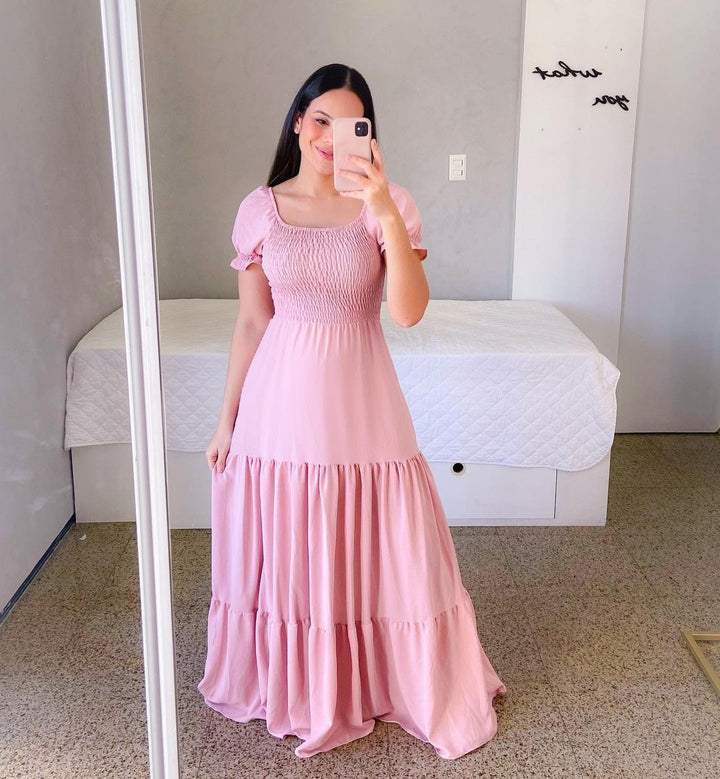 Square Neck Puff Sleeve Maxi Dress