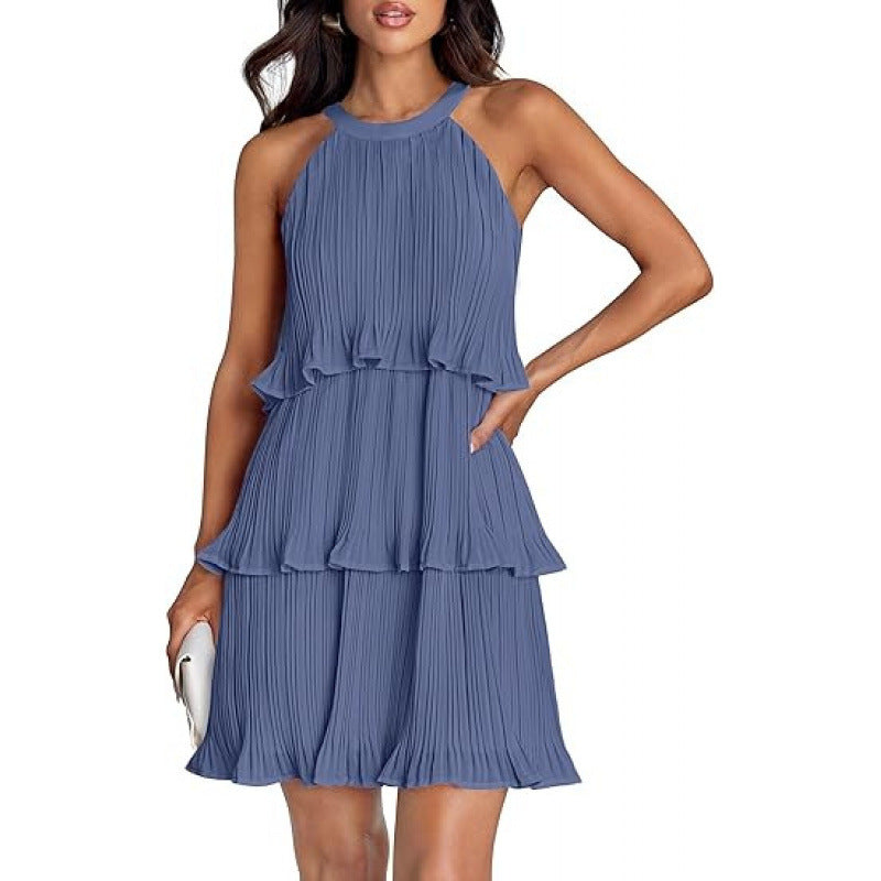 Elegant Pleated Tiered Halter Dress