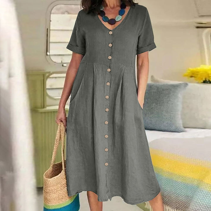 Linen Blend High-Waist Midi Dress