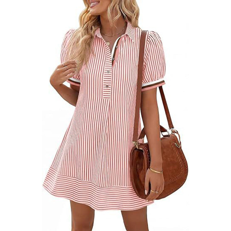 Elegant Striped Puff Sleeve A-Line Mini Dress