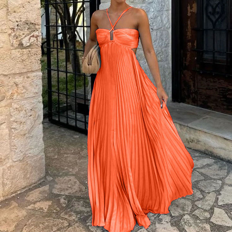 Flowy Halter Pleated Resort Dress