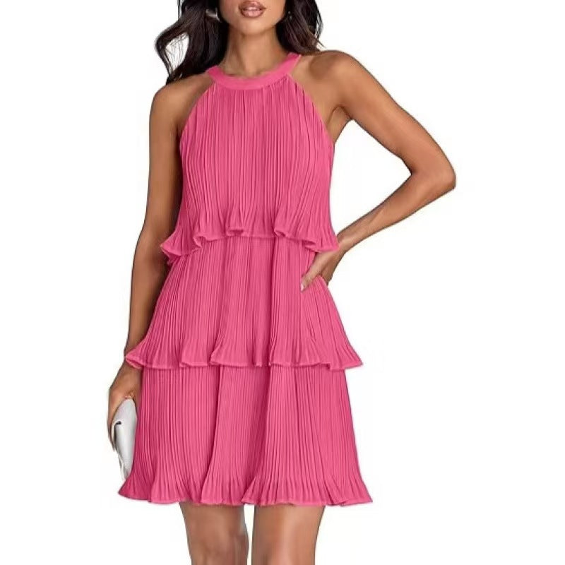Elegant Pleated Tiered Halter Dress