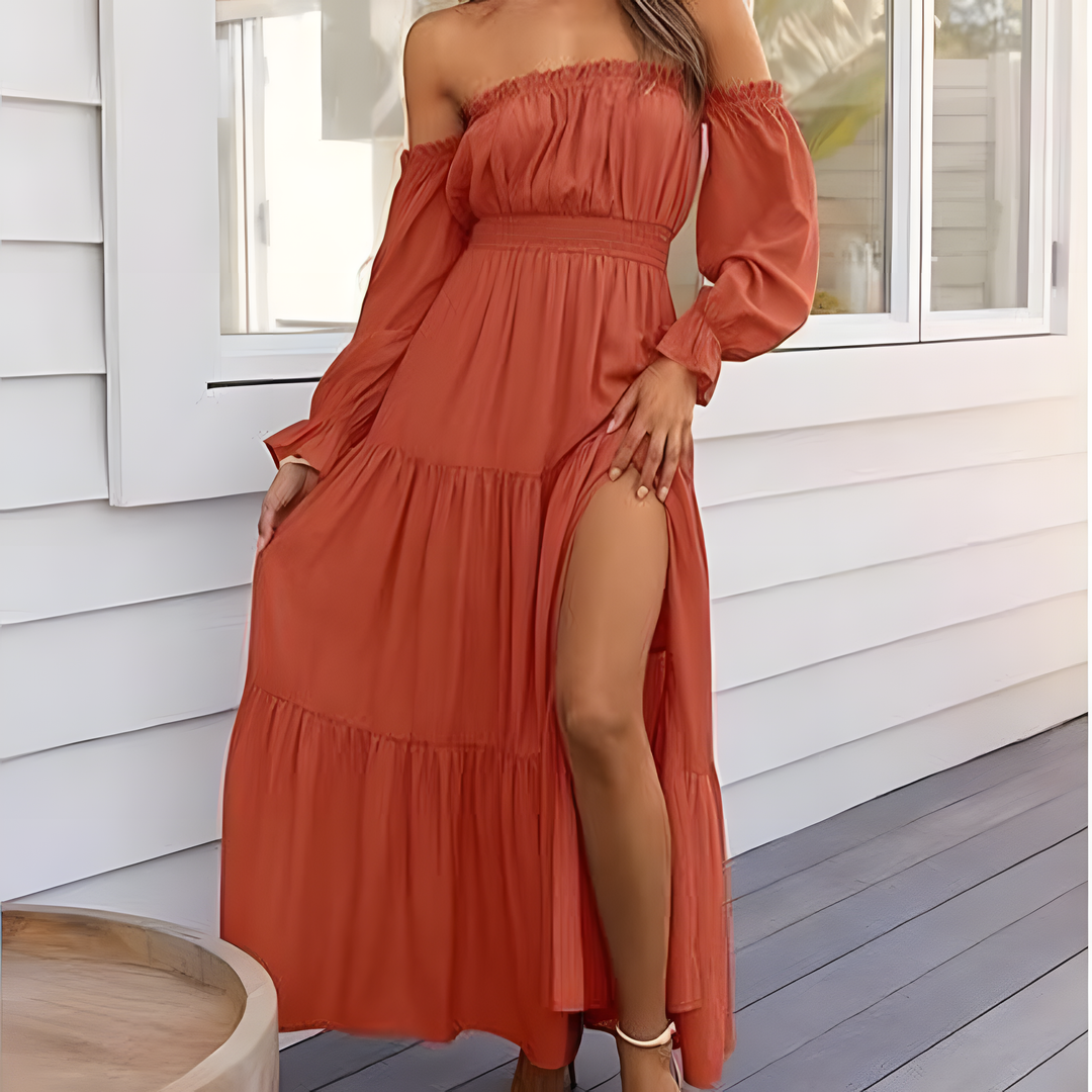 Elegant Off-Shoulder Smocked Tiered Maxi Dress