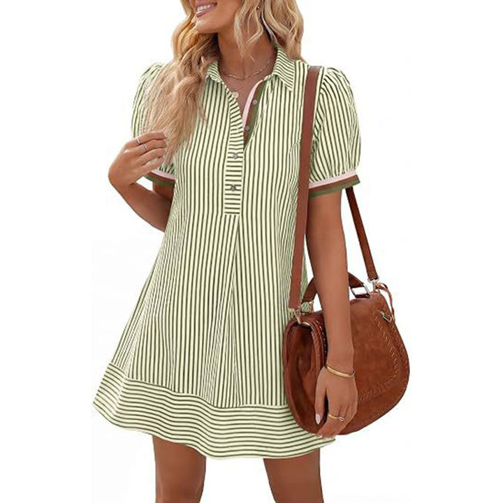 Elegant Striped Puff Sleeve A-Line Mini Dress