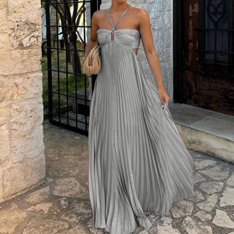 Flowy Halter Pleated Resort Dress