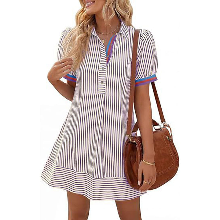 Elegant Striped Puff Sleeve A-Line Mini Dress