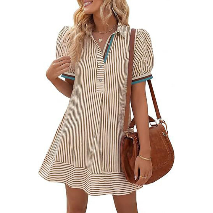 Elegant Striped Puff Sleeve A-Line Mini Dress
