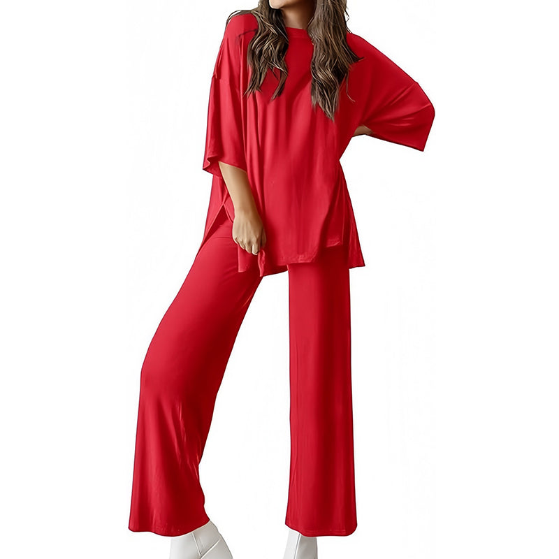 Short-sleeved casual top and wide-leg pants loungewear set