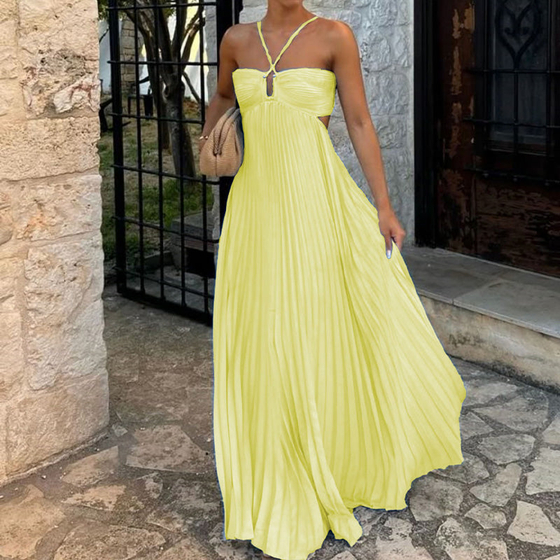 Flowy Halter Pleated Resort Dress
