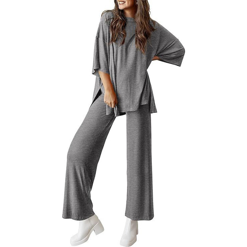 Short-sleeved casual top and wide-leg pants loungewear set