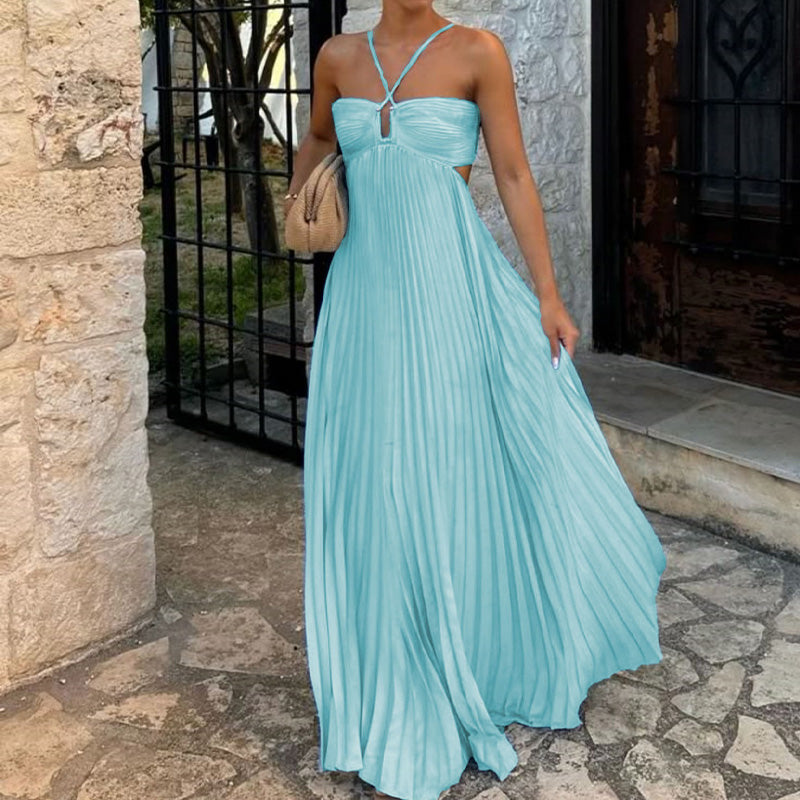 Flowy Halter Pleated Resort Dress