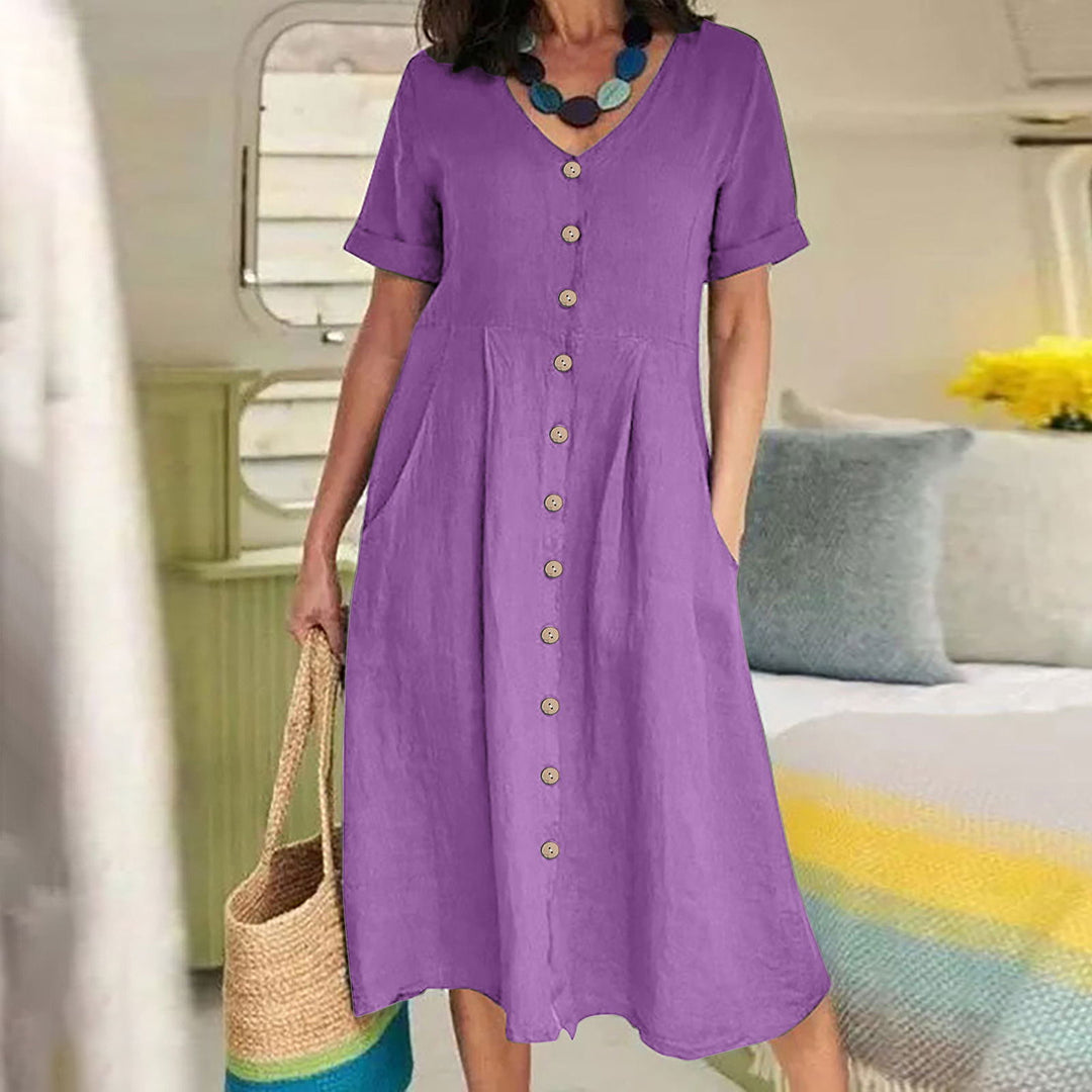 Linen Blend High-Waist Midi Dress