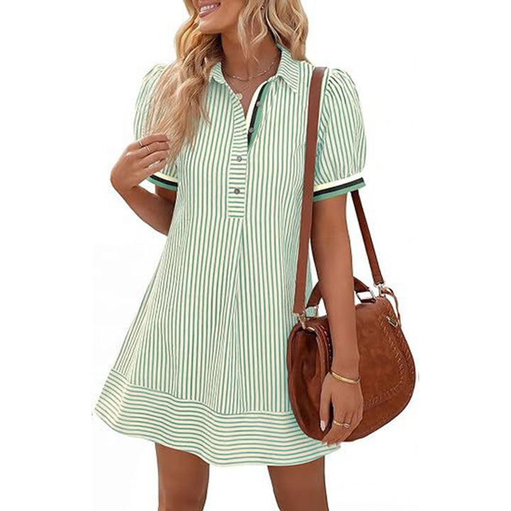 Elegant Striped Puff Sleeve A-Line Mini Dress