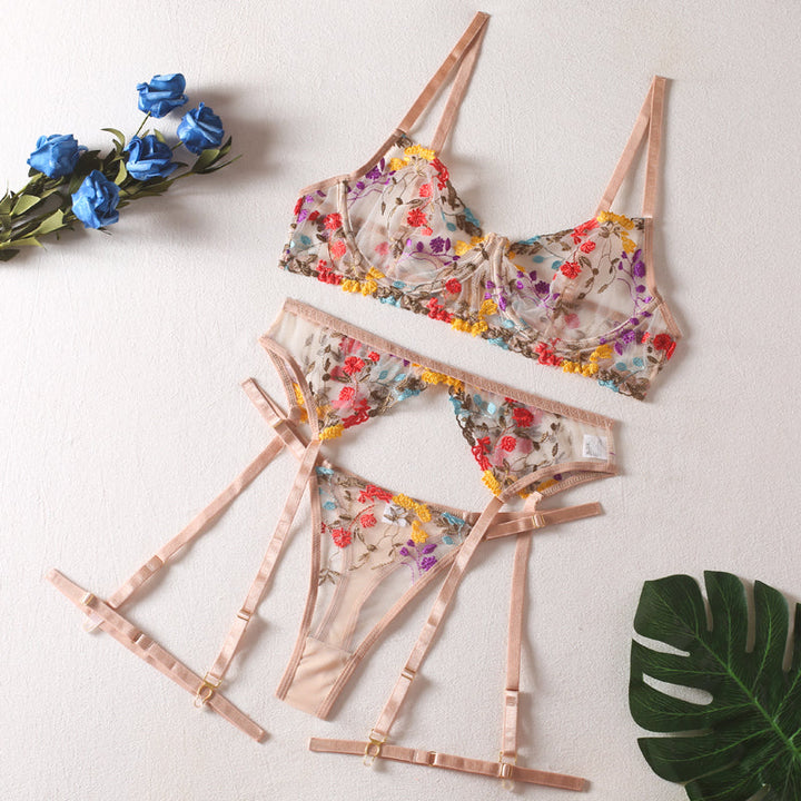 Sexy see-through yellow pastoral floral bra garter thong with leg ring three-piece sexy lingerie set