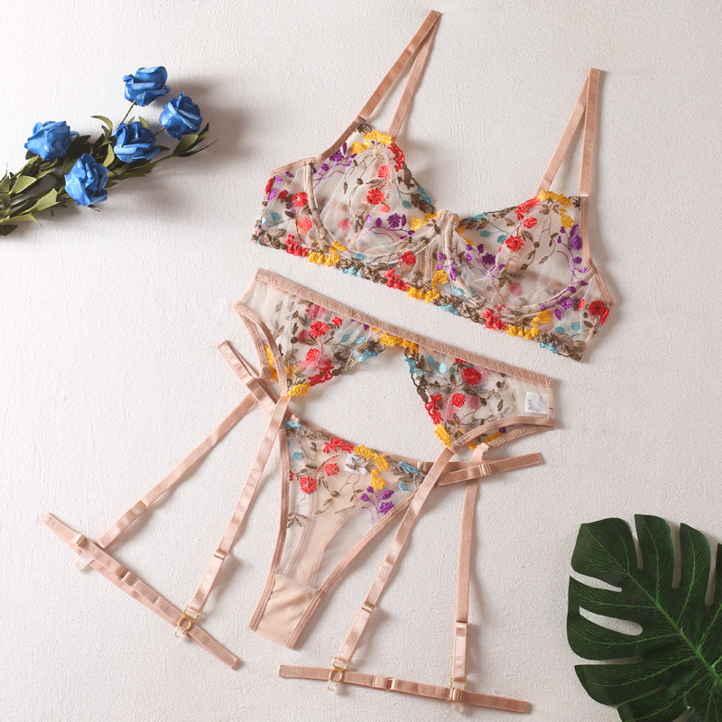 Sexy see-through yellow pastoral floral bra garter thong with leg ring three-piece sexy lingerie set