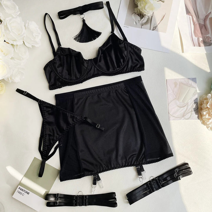 Tassel halter neck sexy lingerie underwire gathered hip skirt set