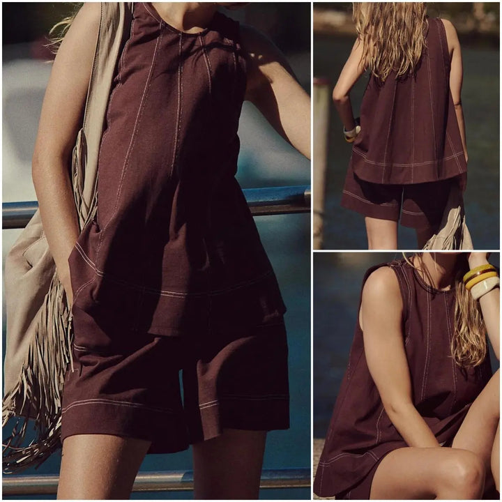 Linen Blend Sleeveless Tank &amp; Shorts Set