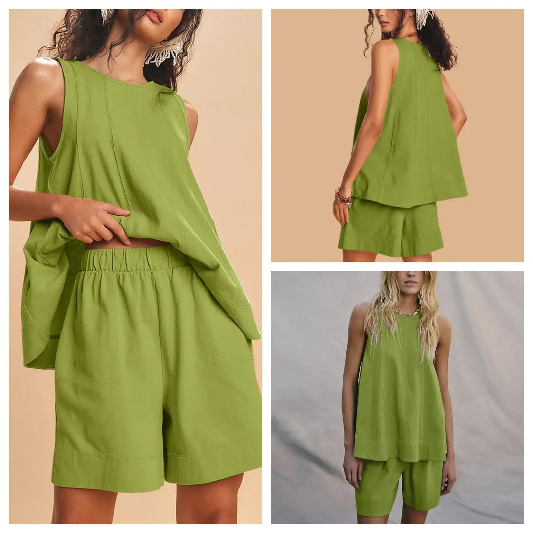 Linen Blend Sleeveless Tank &amp; Shorts Set