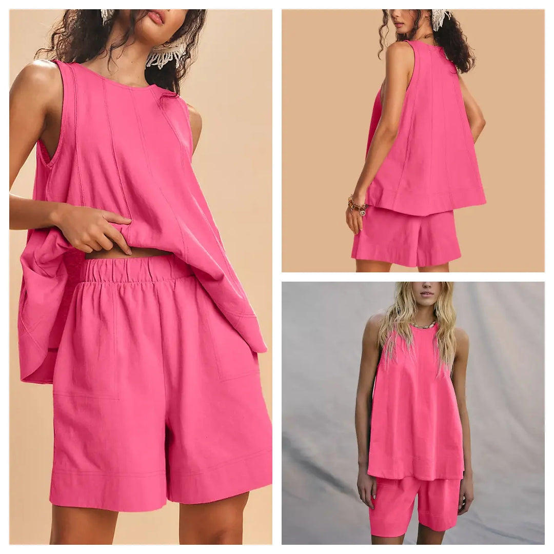 Linen Blend Sleeveless Tank &amp; Shorts Set