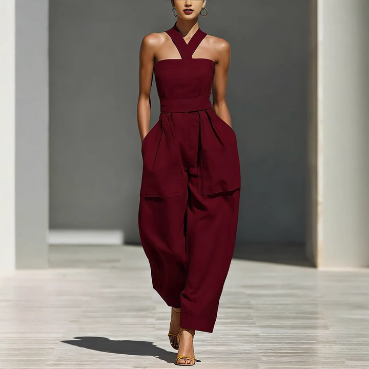 Linen Blend Cross-Front Wide Leg Jumpsuit