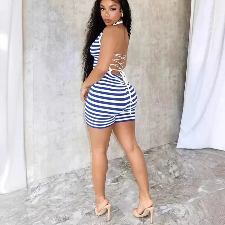 Striped backless tie-up jumpsuit