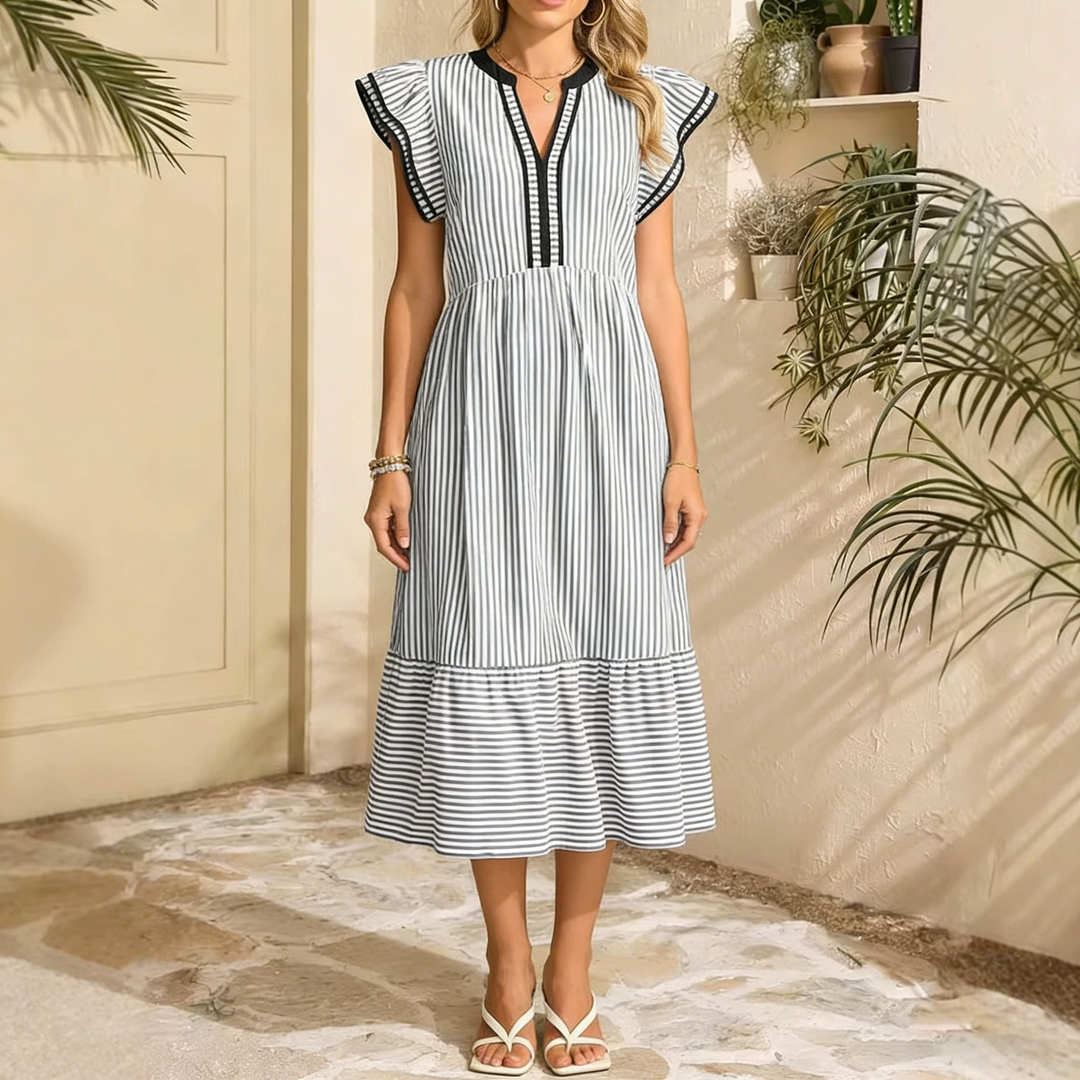 Elegant Striped Flutter Sleeve Midi Dress