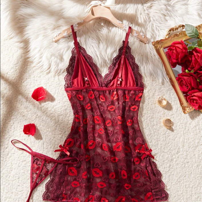 Sheer Mesh Ruffle Trim Slip Lingerie Set