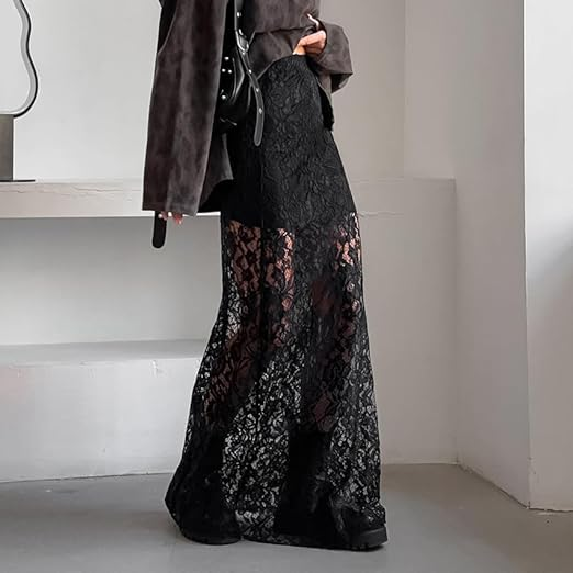 Black Sheer Lace Midi Skirt