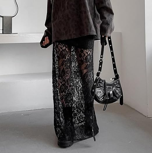 Black Sheer Lace Midi Skirt