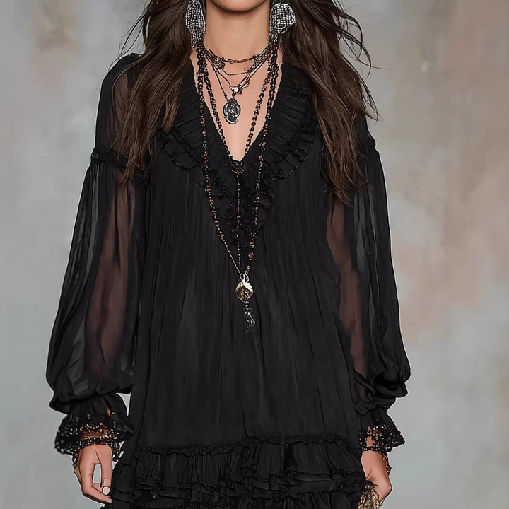 V-neck lace ruffle chiffon mini dress