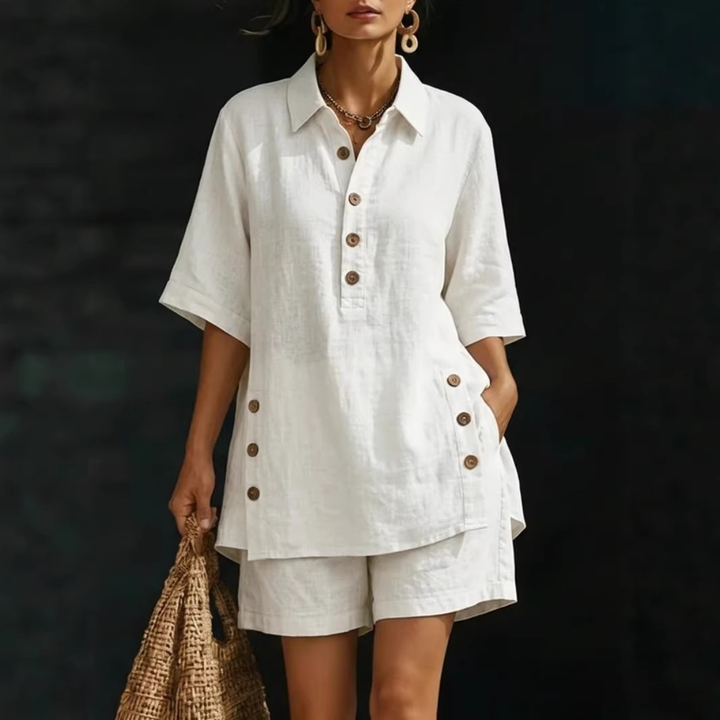Relaxed Linen Blend Henley Shorts Set