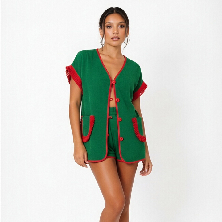 Contrast Trim Knit Cardigan &amp; Shorts Set