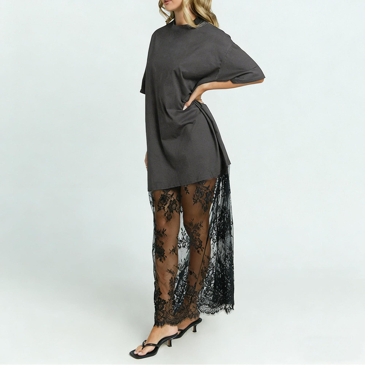 Plus Size Sheer Lace Hem Midi Dress